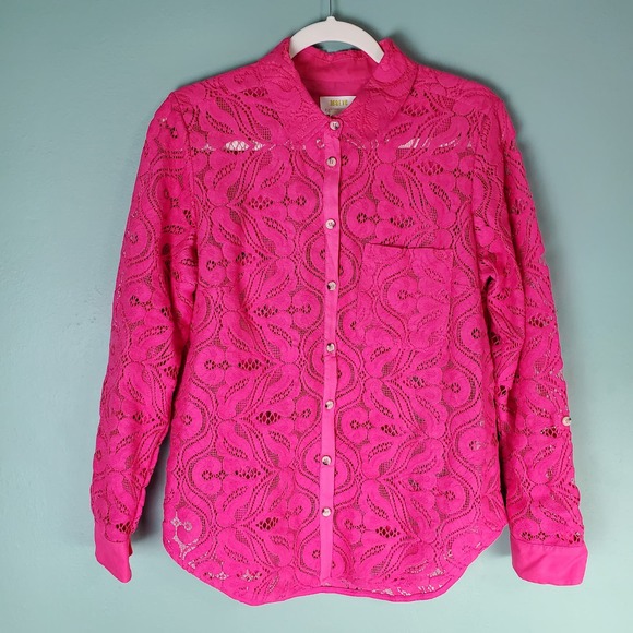 Anthropologie Maeve Womens Pink Floral Lace Button Down Shirt Top Size 10 - Picture 1 of 8
